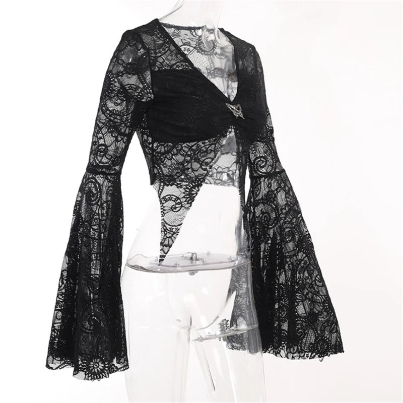 Black Mesh T-shirt Long Sleeved Gothic Black Lace Punk Tops Flared Sleeves Streetwear Y2K Vintage Women Outwear