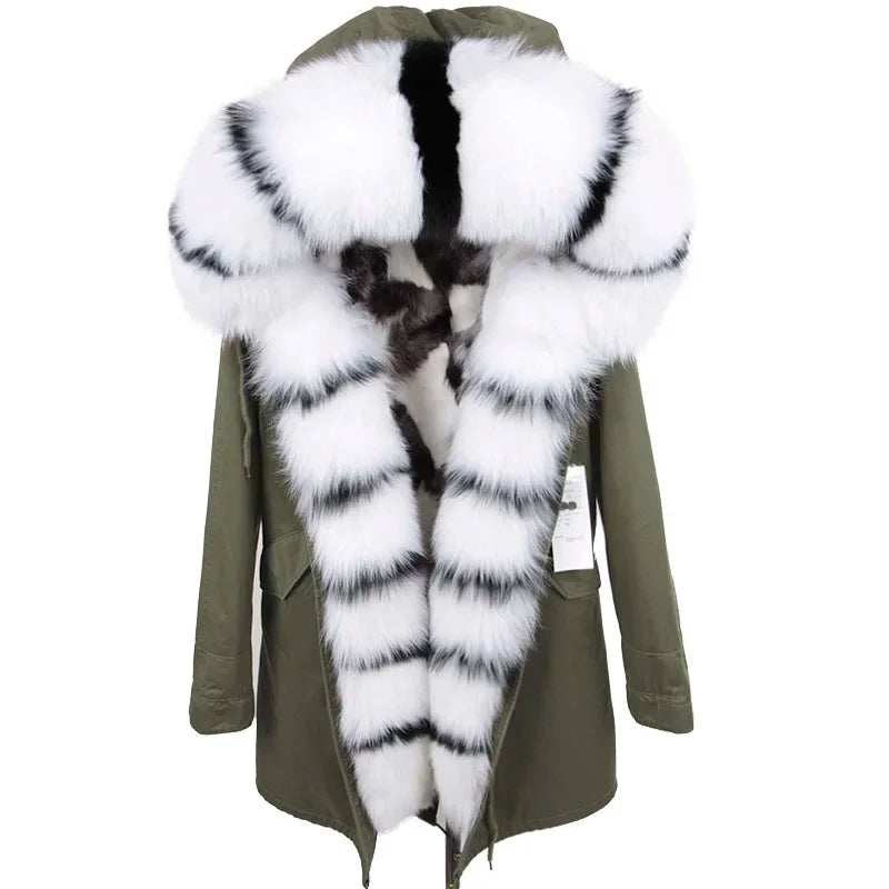Maomaokong Winter Women's Fur Jacket Long Outdoor Tops Real Fox Fur Collar Inner Fur Lining Parka Natural Silver Fox Women Coat