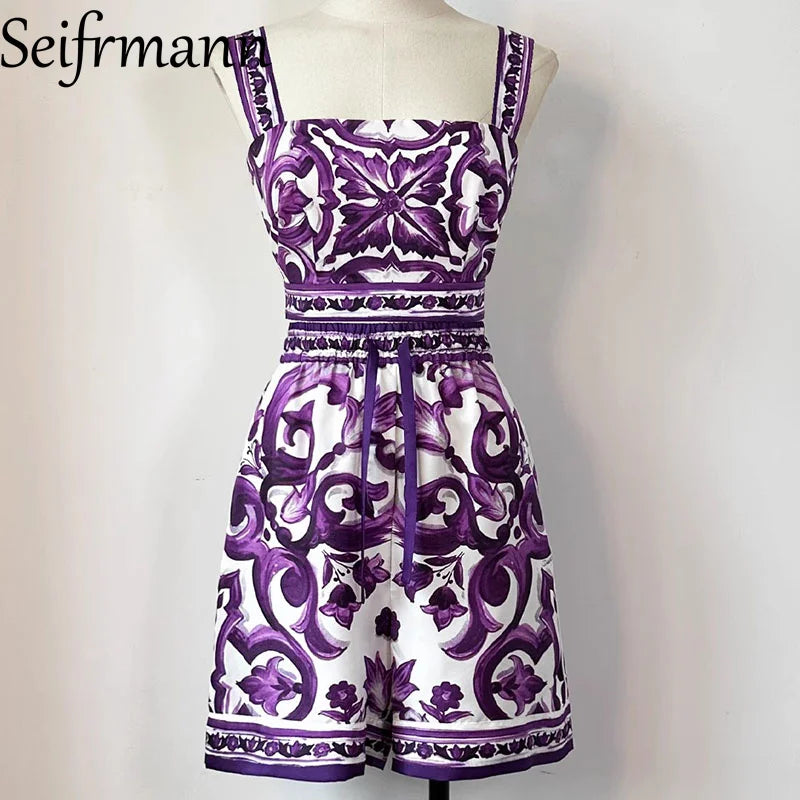 Seifrmann Women's Elegant Party Suit Sexy Spaghetti Strap Backless Slim Tops+Casual Pleated Skirt Print Cotton Two-piece set