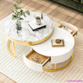 Modern Round Nesting Coffee Table with Drawers for Living Room in White
