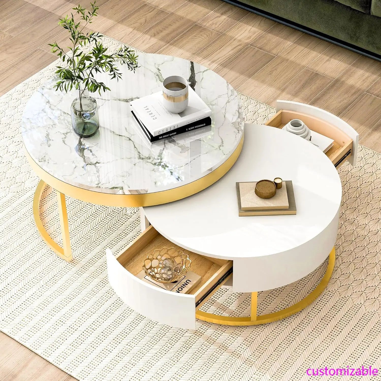 Modern Round Nesting Coffee Table with Drawers for Living Room in White