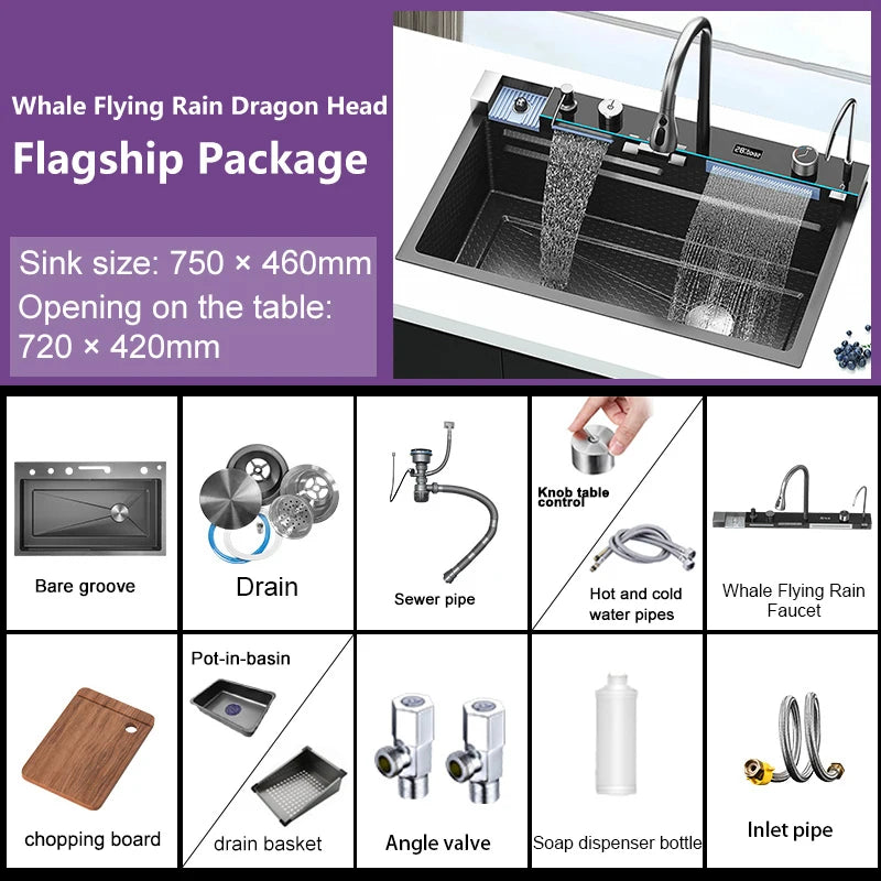 Golden Waterfall Kitchen Sink Stainless Steel Sink Embossed Digital Display Single Slot Apartment Gold Wash Basin