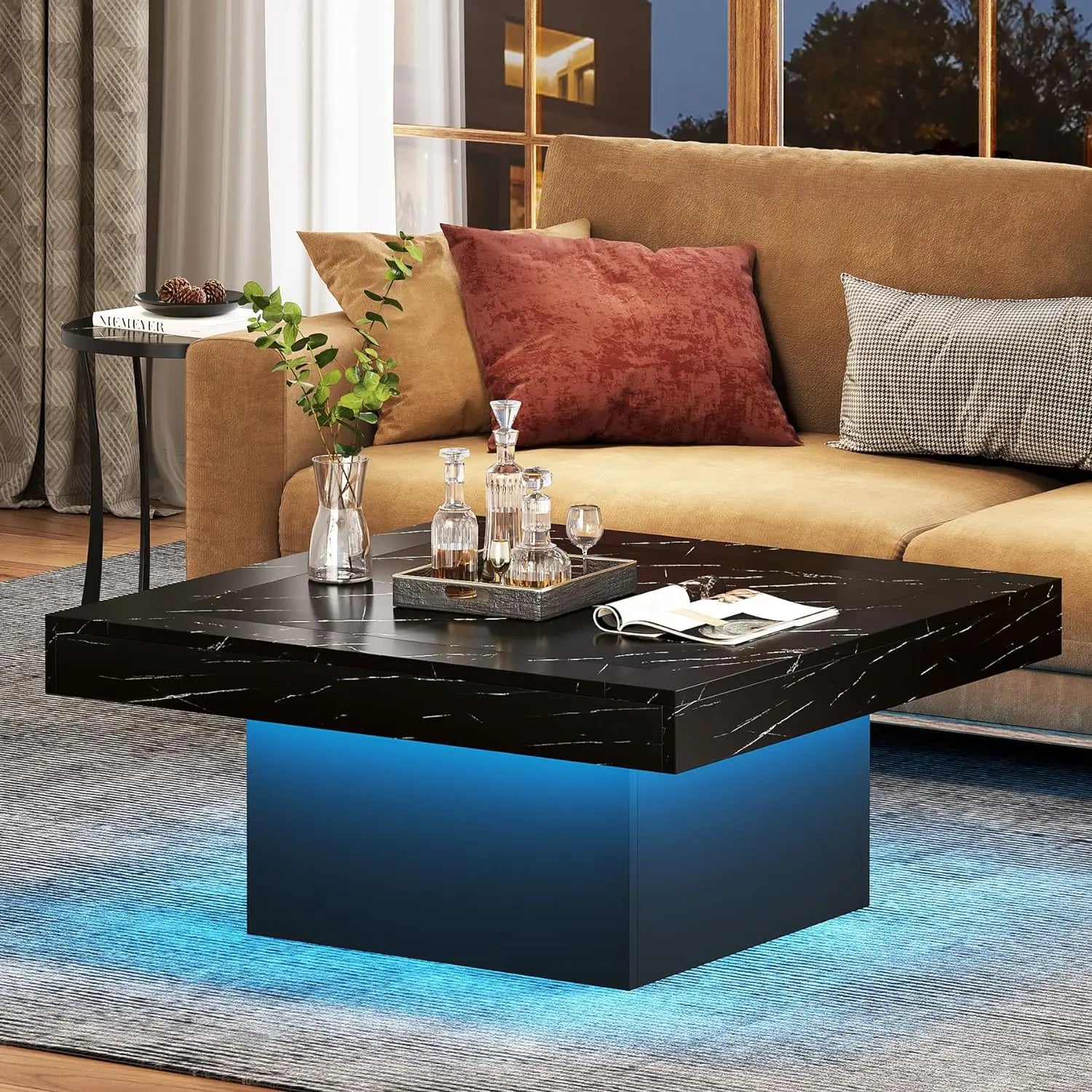 Tribesigns Coffee Table Square LED Coffee Table Engineered Wood Low Coffee Table for Living Room Rustic Brown & Black