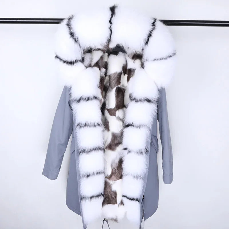 Maomaokong Winter Women's Fur Jacket Long Outdoor Tops Real Fox Fur Collar Inner Fur Lining Parka Natural Silver Fox Women Coat
