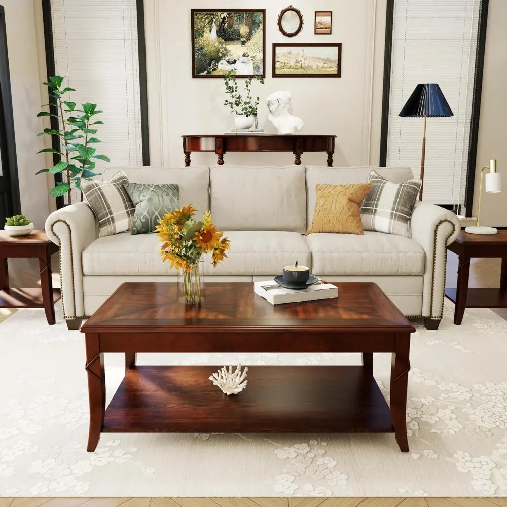 "3-PC Mid-Century Coffee Table Set - Solid Wood with Storage Shelf, Cherry Walnut for Living Room"