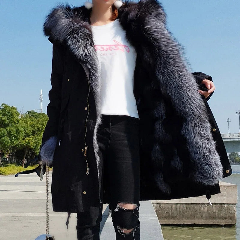 Maomaokong Winter Women's Fur Jacket Long Outdoor Tops Real Fox Fur Collar Inner Fur Lining Parka Natural Silver Fox Women Coat