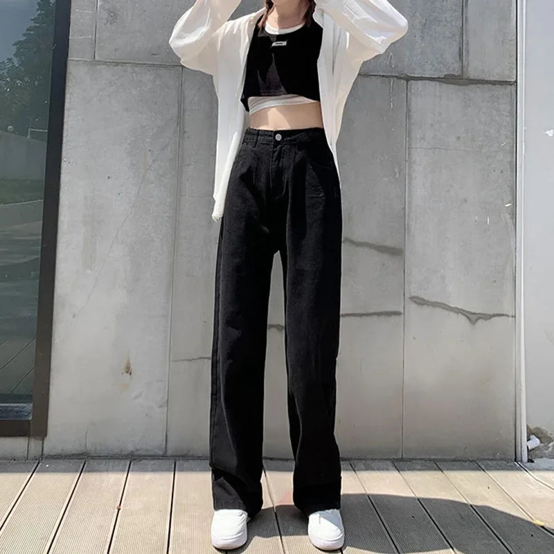 Korean Style High-waisted Slimming Wide-leg Jeans For Women 2021 Autumn New Versatile Loose-fit Straight-leg Floor Pants