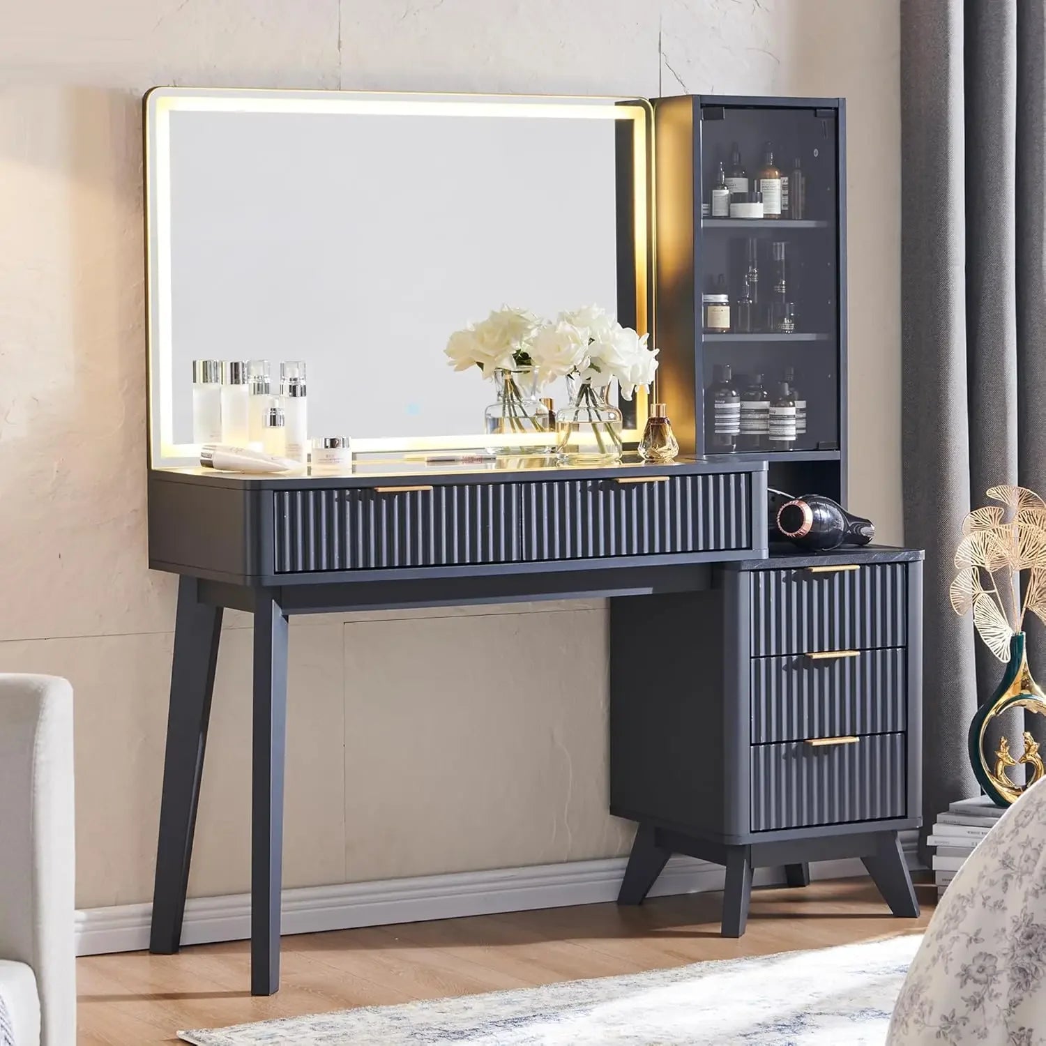 48" Modern Fluted Makeup Vanity Desk with Large 36" Mirror & Lights,  with 5 Drawers & Adjustable Shelves, Oak 2025 NEW
