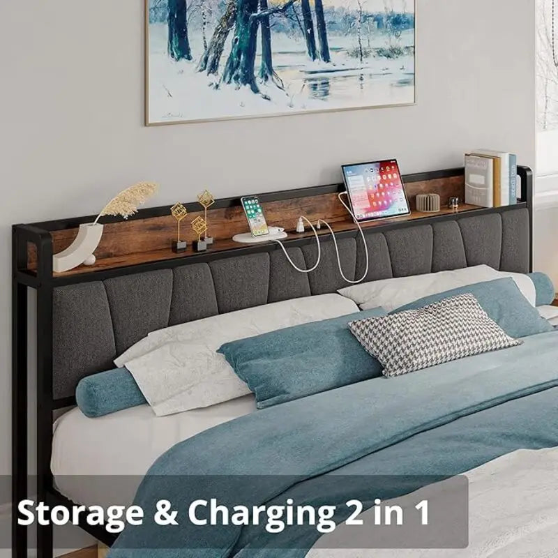 LIKIMIO Twin/Twin XL/Full/Queen/King/California King Bed Frames, Storage Headboard with Charging Station, No Box Spring Needed