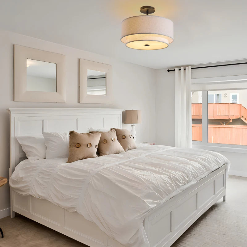 16 Inch Modern Ceiling Light Fabric Upholstered Flush-Mount Fixture Energy-Saving Easy Install For Living Bedroom Dining Room