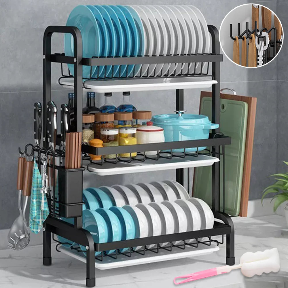 Dish Bowl Drainer Storage Rack with Utensil Holder Dish Drainer Metal Large Capacity Drainage Tube Kitchen Dish Rack Organizer