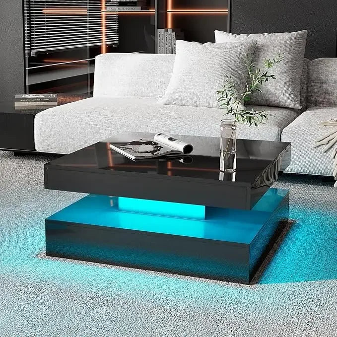 LED Coffee Table with 2 Storage Drawers for Living Room Square Center Middle Table Modern Cocktail Table with Light