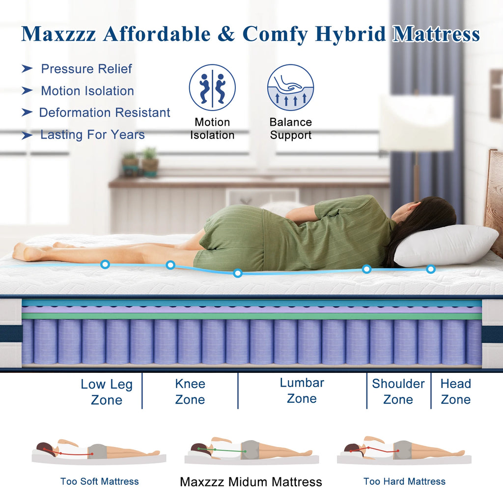 Maxzzz 10-12'' Twin/King/Queen Size Mattress, Bed with Gel Memory Foam & Individually Pocket Coils for Pressure Relief & Support