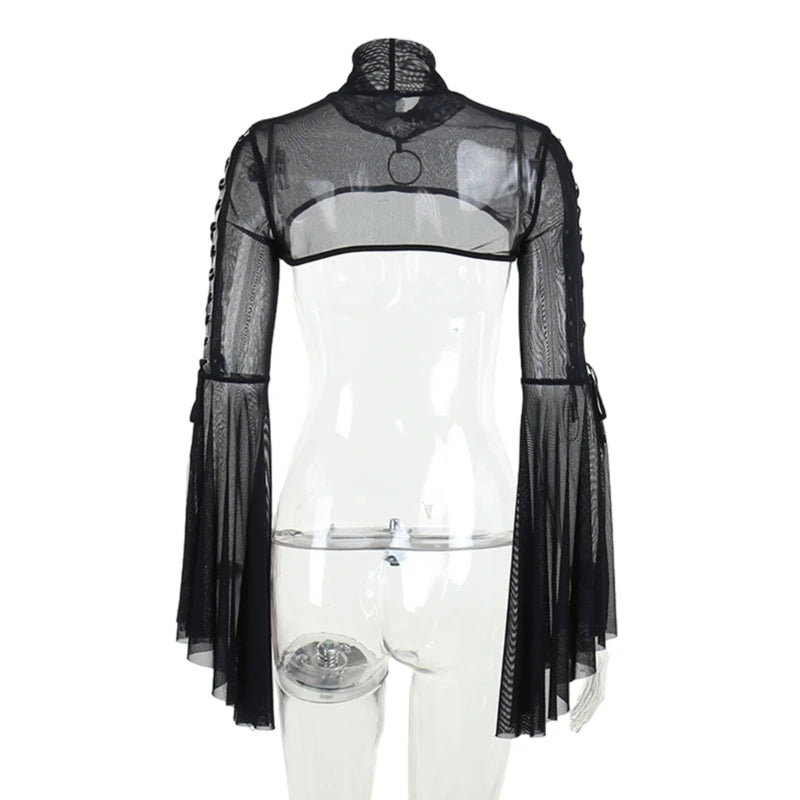 Sexy Mesh Top Flared Long Sleeve Crop Tops Y2K Harajuku Vintage Aesthetic T-shirts Gothic Women Streetwear Black