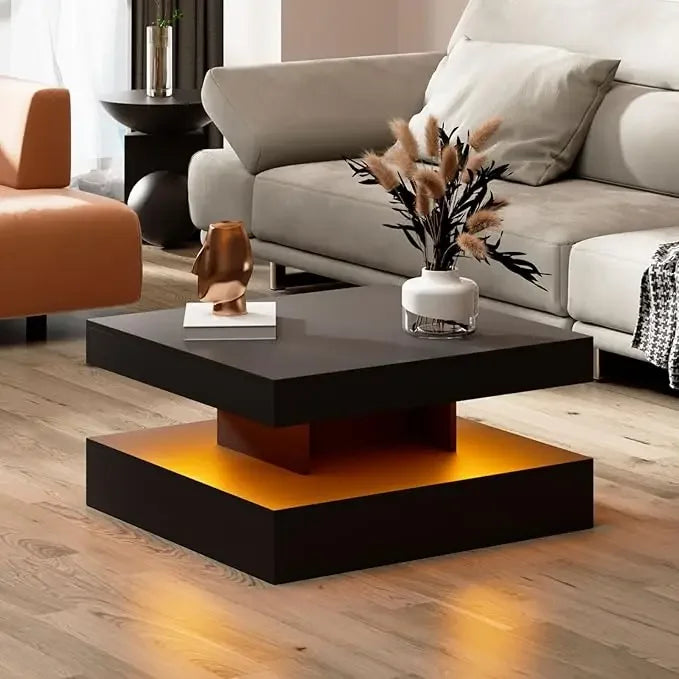 LED Coffee Table with 2 Storage Drawers for Living Room Square Center Middle Table Modern Cocktail Table with Light