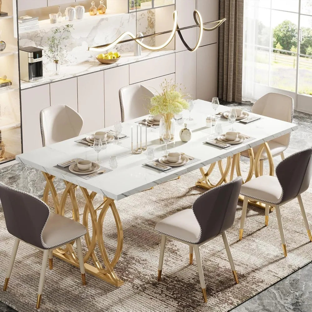 Modern Dining Table for 4-6 People, 63" Large Rectangular Kitchen Table with Faux Marble Tabletop and Gold Geometric Legs