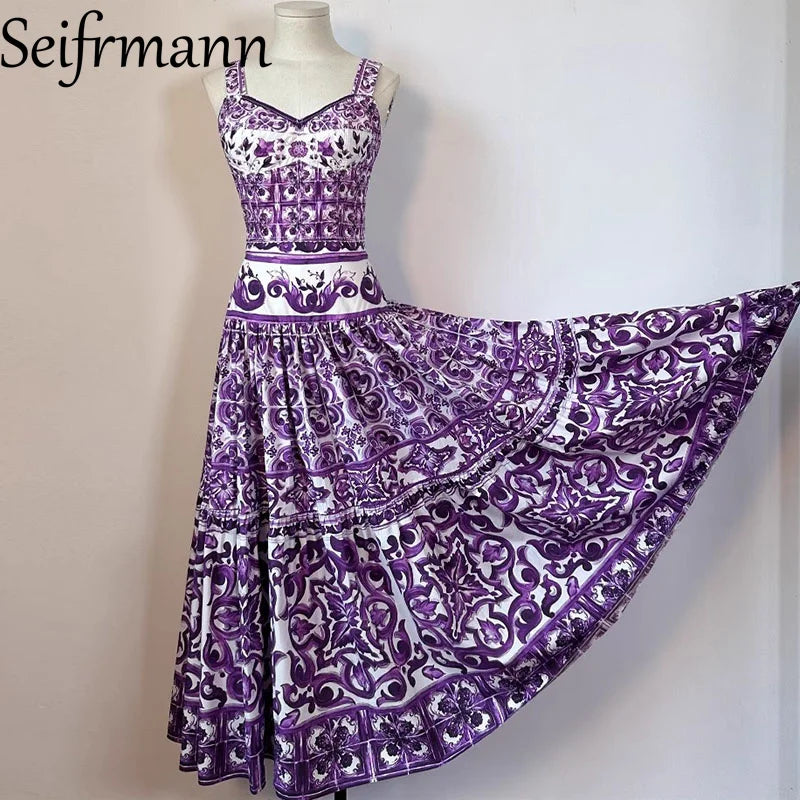 Seifrmann Women's Elegant Party Suit Sexy Spaghetti Strap Backless Slim Tops+Casual Pleated Skirt Print Cotton Two-piece set