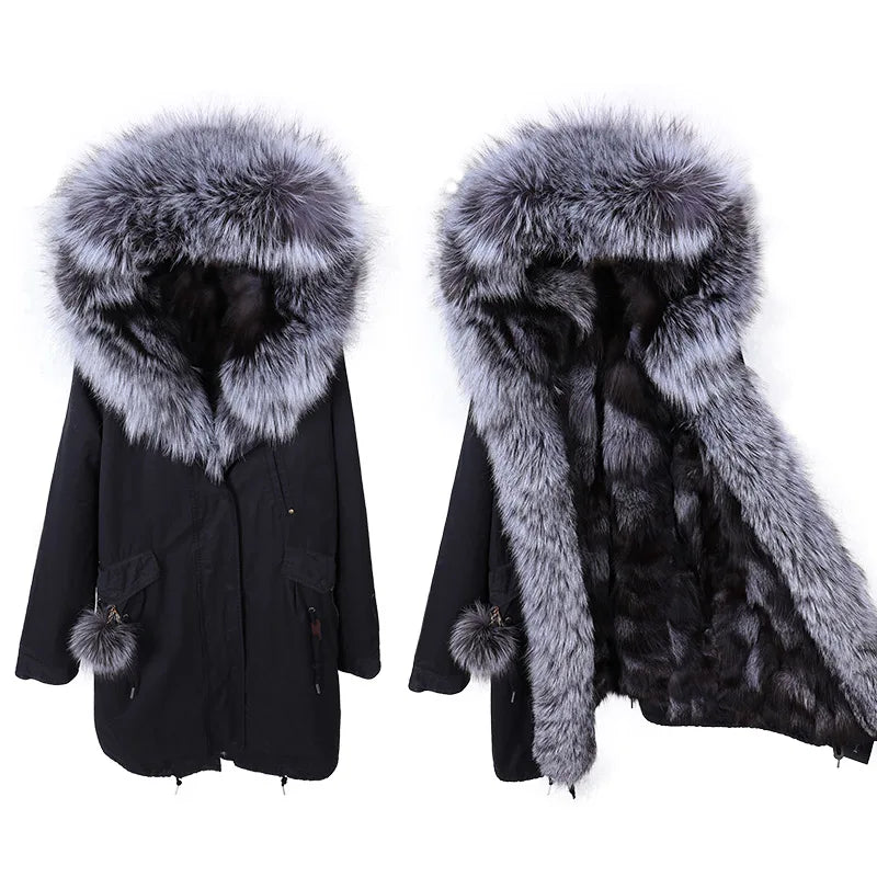 Maomaokong Winter Women's Fur Jacket Long Outdoor Tops Real Fox Fur Collar Inner Fur Lining Parka Natural Silver Fox Women Coat
