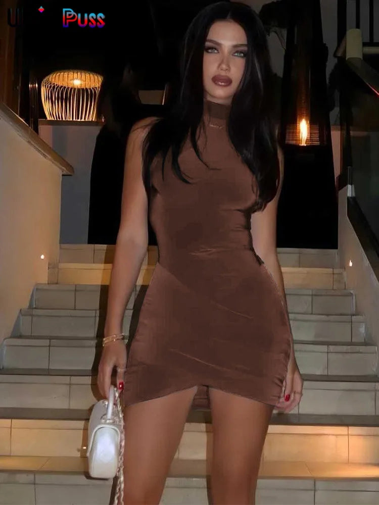 nibber Cross Ruffles Mini Dress Woman Summer Sexy Solid Half High Collar Sleeveless Trend Chic Party Clubwear Skinny Bodycon