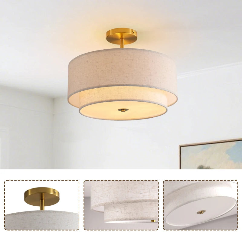15 Inch Modern Ceiling Light Fabric Upholstered Flush Mount Fixture Energy-Saving Easy Install For Living Bedroom Dining Room