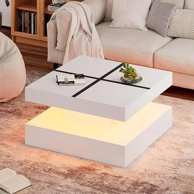LED Coffee Table with 2 Storage Drawers for Living Room Square Center Middle Table Modern Cocktail Table with Light