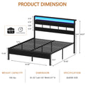 Satifur Full/Queen Size Bed Frame with LED Light and Charging Station, Wood Storage Headboard with 2-Tier Shelves,Metal Platform