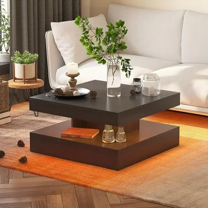 LED Coffee Table with 2 Storage Drawers for Living Room Square Center Middle Table Modern Cocktail Table with Light