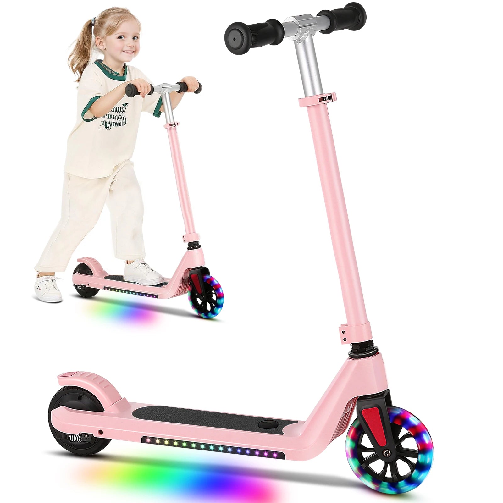 Electric Scooter Max 6 MPH Power 120W Rear Motor For Kid Age 6-12 Child Commuting E-Scooter With Adjustable Height & Deck Light
