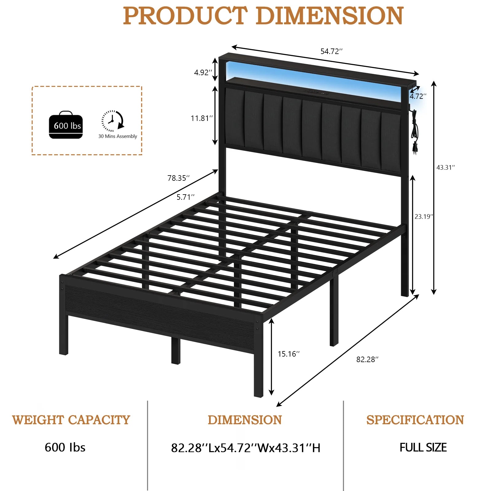 Full/Queen size bed frame with charging station, LED bed frame, headboard with frame, platform bed frame, soft cushion bed frame