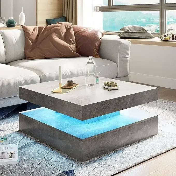 LED Coffee Table with 2 Storage Drawers for Living Room Square Center Middle Table Modern Cocktail Table with Light