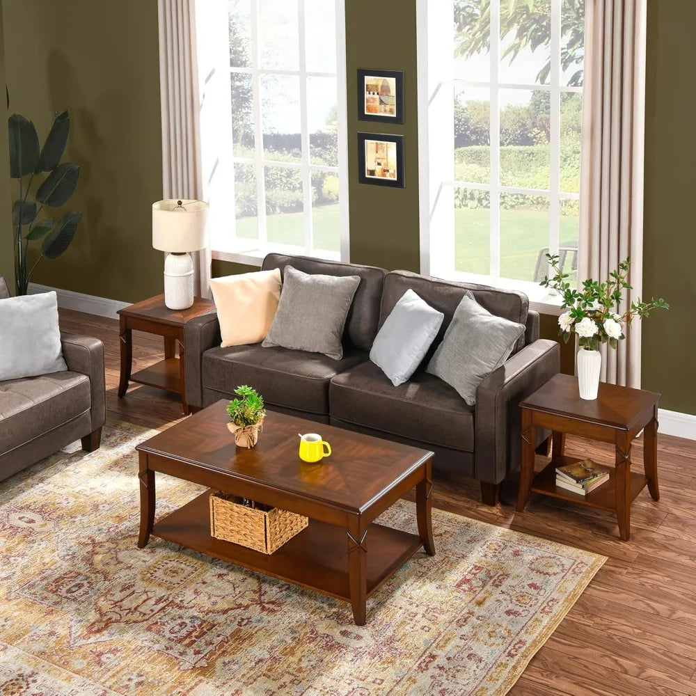 "3-PC Mid-Century Coffee Table Set - Solid Wood with Storage Shelf, Cherry Walnut for Living Room"