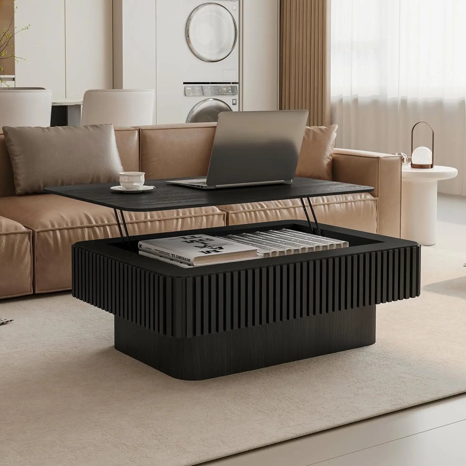 38.6" Square Lift Top Coffee Table, Modern Fluted Tea Table with Hidden Storage for Living Room, Apartment or Office