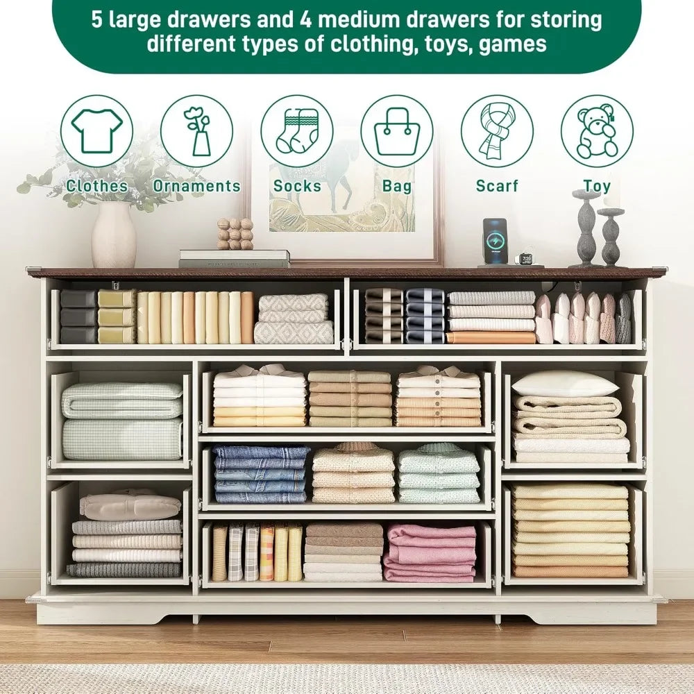 Farmhouse 9 Drawer Dresser for Bedroom,63” Wood Dresser & Chest of Drawers with Power Outlets,Large & Wide Dressers for Bedroom,