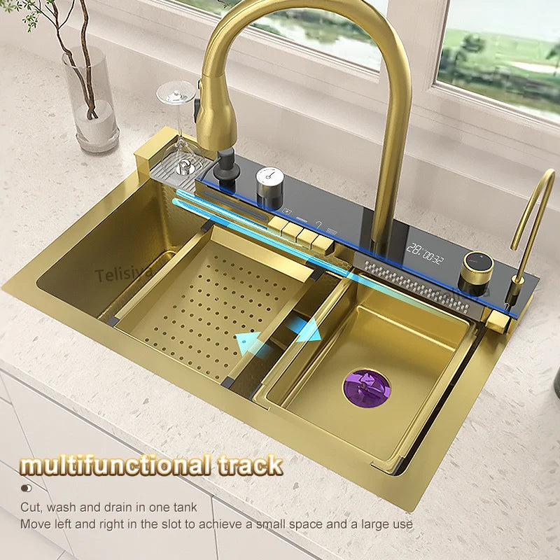 Golden Waterfall Kitchen Sink Stainless Steel Sink Embossed Digital Display Single Slot Apartment Gold Wash Basin