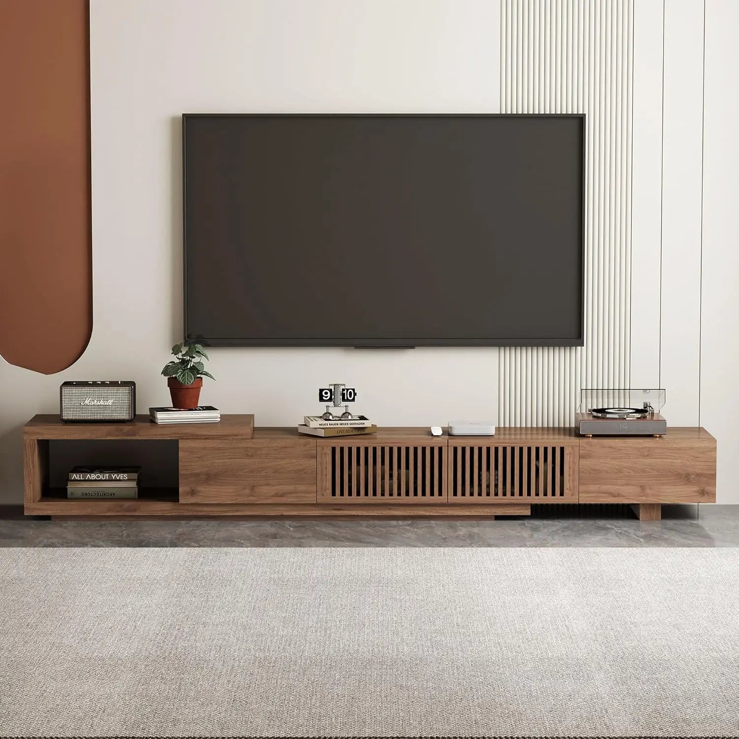 "Modern Walnut TV Console - Extendable for 75"+ Screens, Grille Doors & Drawers for Living Room/Bedroom"