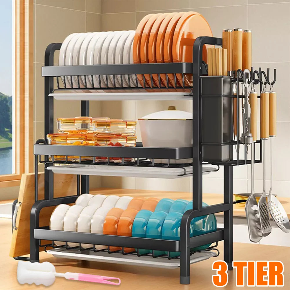 Dish Bowl Drainer Storage Rack with Utensil Holder Dish Drainer Metal Large Capacity Drainage Tube Kitchen Dish Rack Organizer