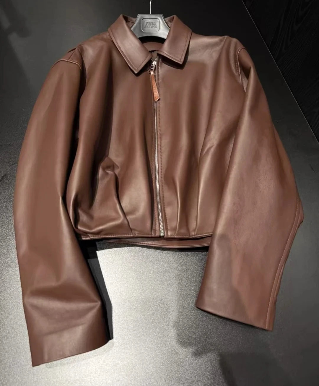 Natural Leather jacket For Women Lambskin Bomber Biker Jacket Long Sleeves 100% Sheepskin Leather Coat  Folded Short Tops Woman