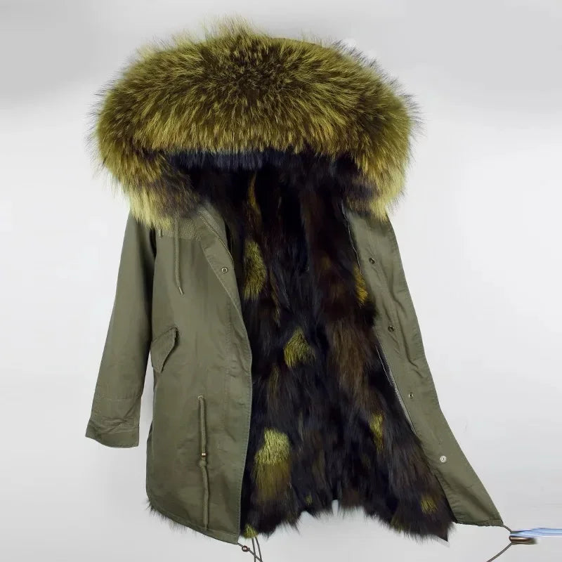 Maomaokong Winter Women's Fur Jacket Long Outdoor Tops Real Fox Fur Collar Inner Fur Lining Parka Natural Silver Fox Women Coat