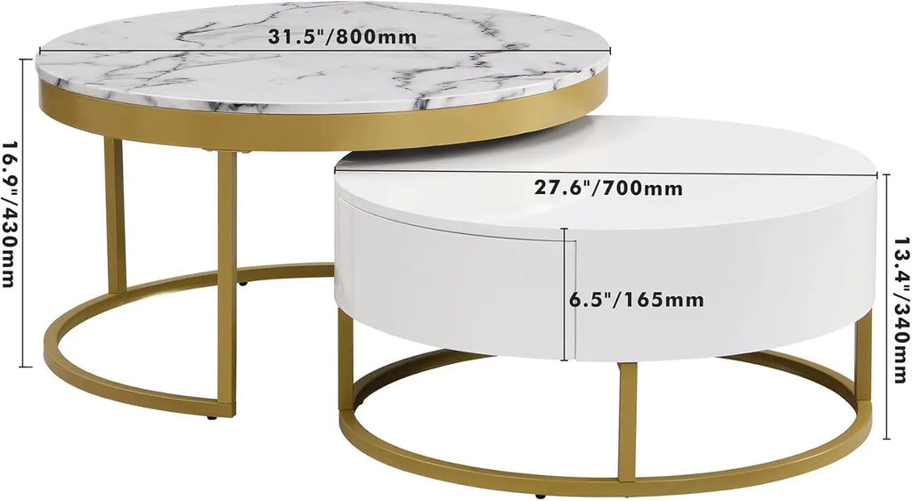 Modern Round Nesting Coffee Table with Drawers for Living Room in White