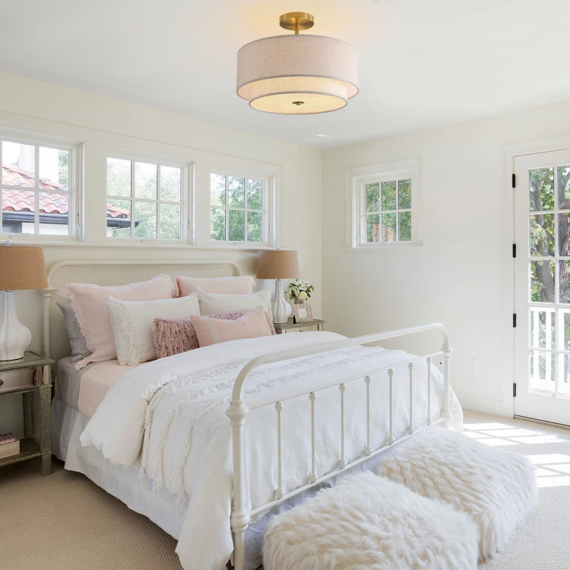 15 Inch Modern Ceiling Light Fabric Upholstered Flush Mount Fixture Energy-Saving Easy Install For Living Bedroom Dining Room