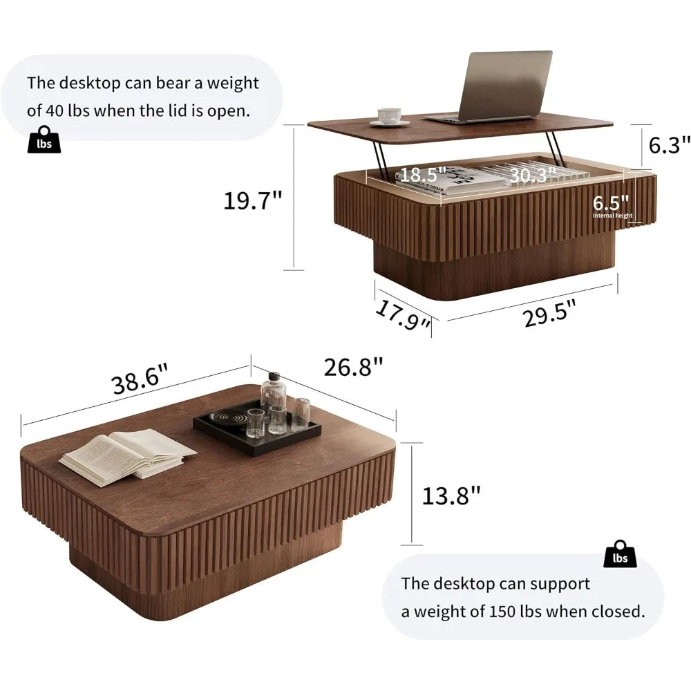 38.6" Square Lift Top Coffee Table, Modern Fluted Tea Table with Hidden Storage for Living Room, Apartment or Office