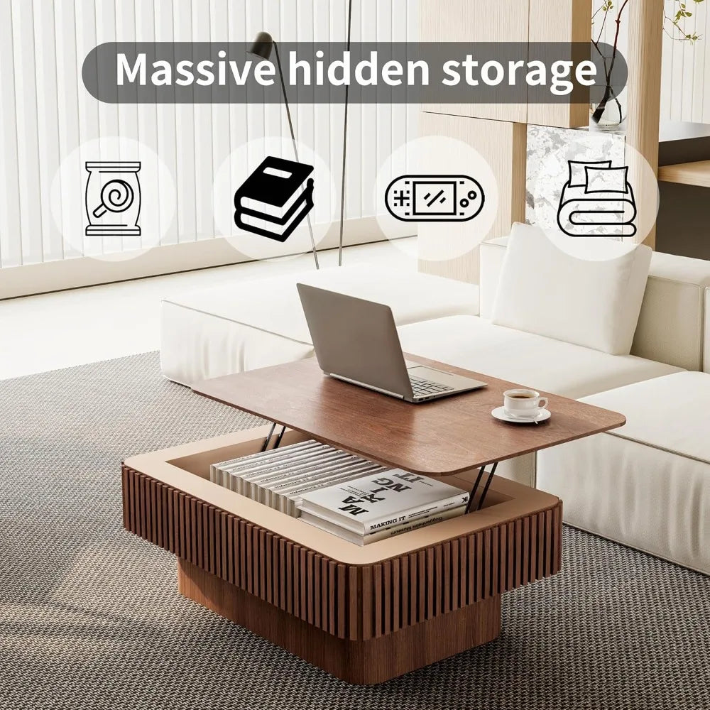 38.6" Square Lift Top Coffee Table, Modern Fluted Tea Table with Hidden Storage for Living Room, Apartment or Office