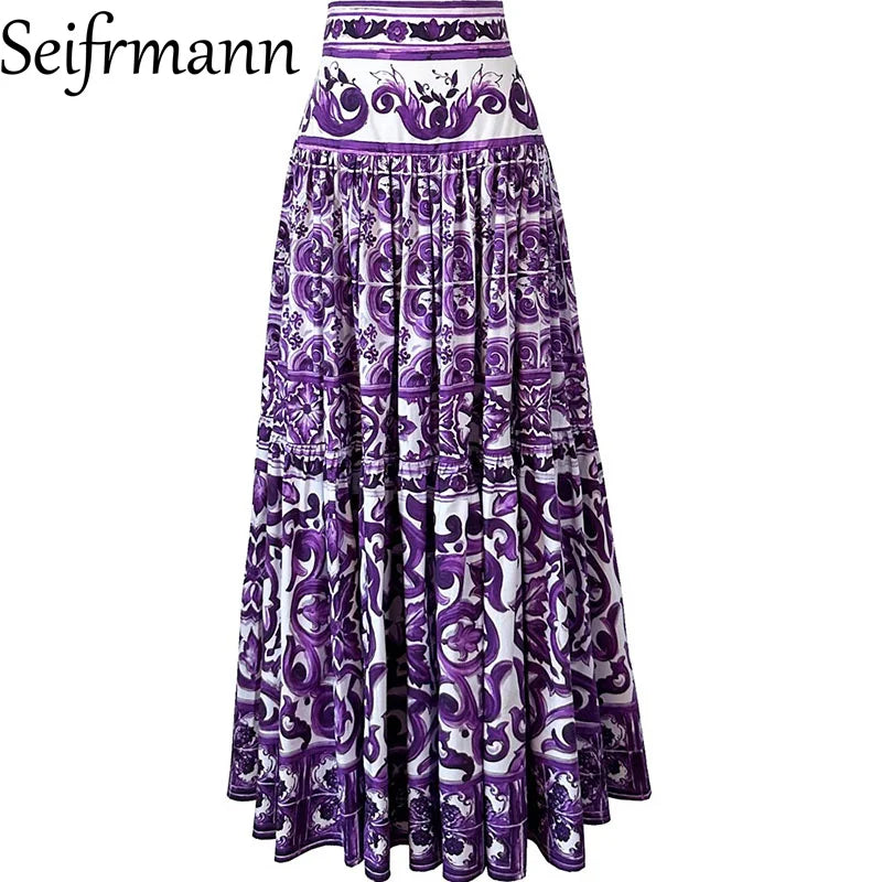 Seifrmann Women's Elegant Party Suit Sexy Spaghetti Strap Backless Slim Tops+Casual Pleated Skirt Print Cotton Two-piece set