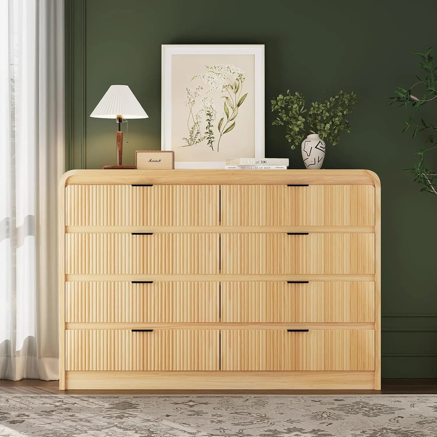 Fluted 8 Drawers Dresser for Bedroom, 55" Wide Wooden Dresser with Metal Handle, Curved Profile Design, Modern Storage