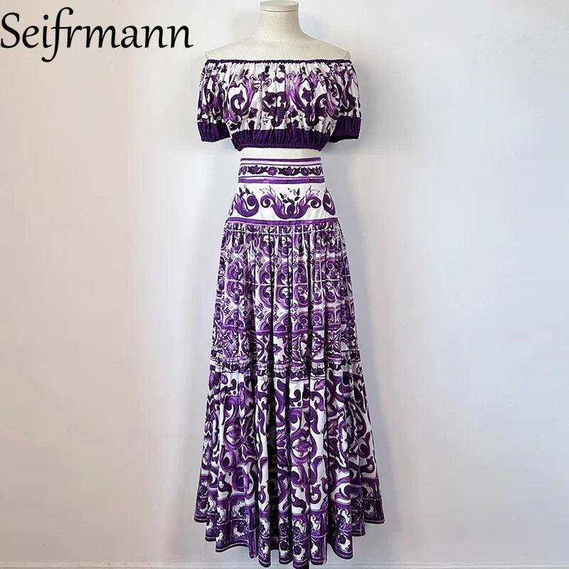 Seifrmann Women's Elegant Party Suit Sexy Spaghetti Strap Backless Slim Tops+Casual Pleated Skirt Print Cotton Two-piece set