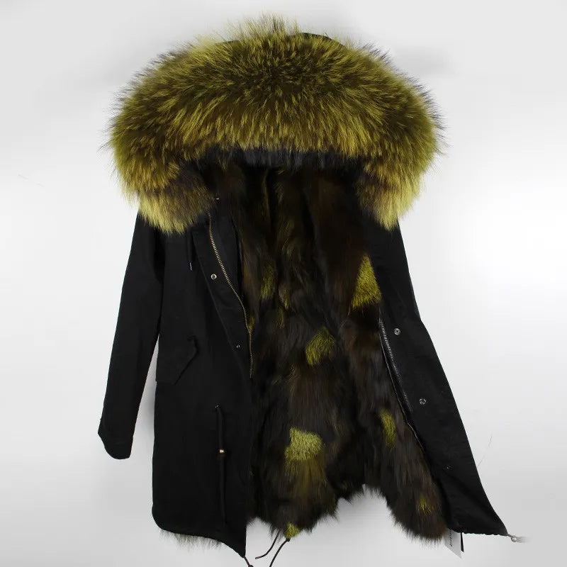 Maomaokong Winter Women's Fur Jacket Long Outdoor Tops Real Fox Fur Collar Inner Fur Lining Parka Natural Silver Fox Women Coat