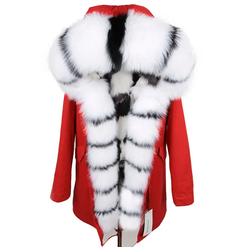 Maomaokong Winter Women's Fur Jacket Long Outdoor Tops Real Fox Fur Collar Inner Fur Lining Parka Natural Silver Fox Women Coat