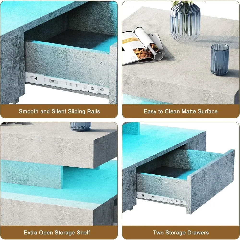 LED Coffee Table with 2 Storage Drawers for Living Room Square Center Middle Table Modern Cocktail Table with Light