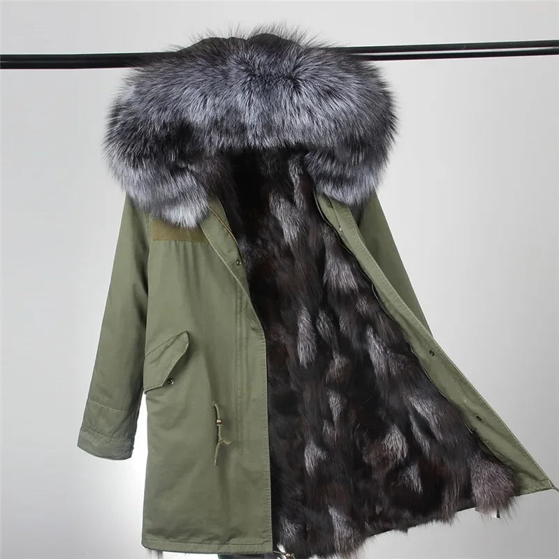 Maomaokong Winter Women's Fur Jacket Long Outdoor Tops Real Fox Fur Collar Inner Fur Lining Parka Natural Silver Fox Women Coat
