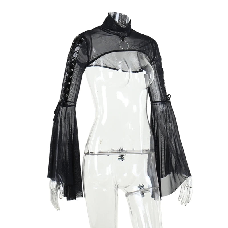 Sexy Mesh Top Flared Long Sleeve Crop Tops Y2K Harajuku Vintage Aesthetic T-shirts Gothic Women Streetwear Black